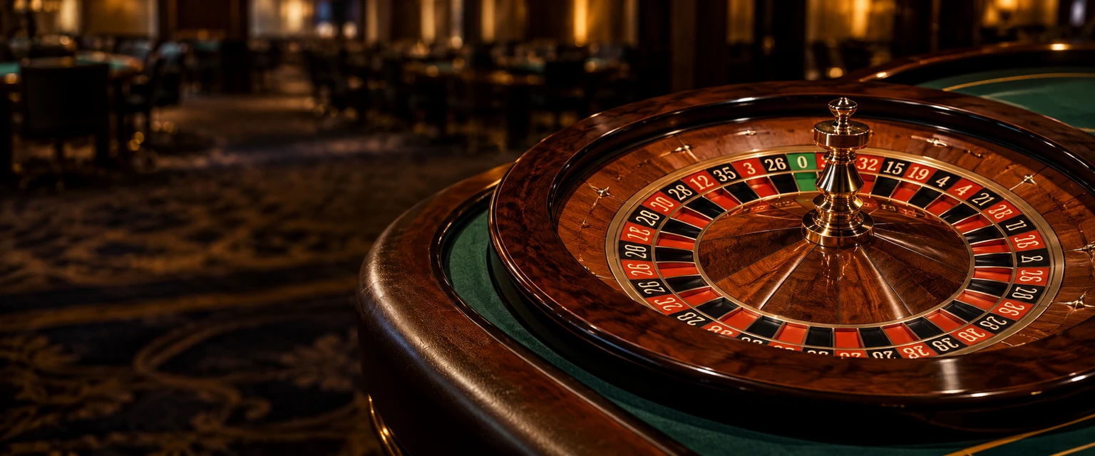 A wooden roulette wheel in a warmly lit casino